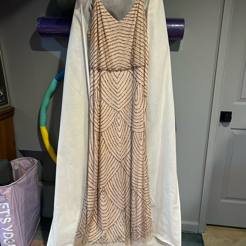 Adrianna Papell Tan Sequin Maxi Dress V-Neck Sleeveless